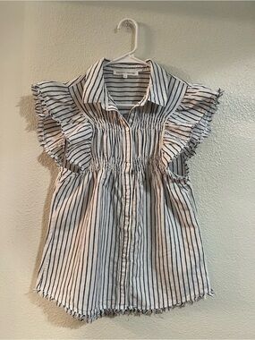 MELISSA NEPTON White and Navy Striped Ruffle-Sleeve Button Down Top